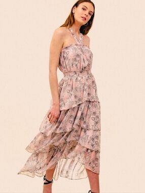 MISA Los‎ Angeles Pink Floral Valeria Ruffle Halter Tiered Maxi Dress Small